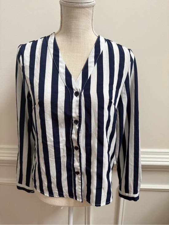 no brand Tops - Striped V-Neck Button-Front Blouse - Navy/White